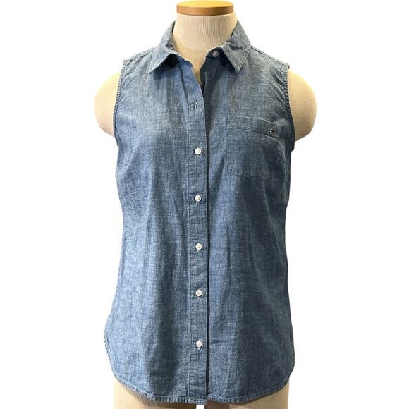 Tommy Hilfiger Sleeveless Chambray Collared Button Front Shirt Top Size S Preppy - Picture 1 of 13